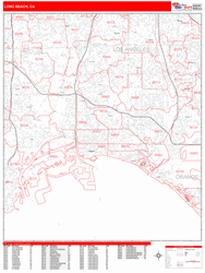 Long Beach Wall Map Zip Code Red Line Style 2024